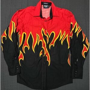 Vintage Brooks & Dunn 90s Black Red Flame Western Button Down Shirt Size Medium